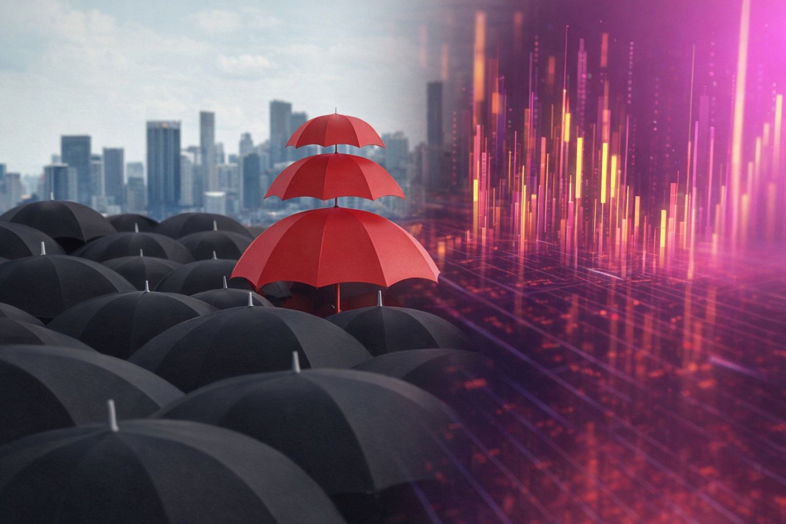 Röda paraplyer staplade ovanpå svarta paraplyer framför en stadssiluett och digitala grafer.