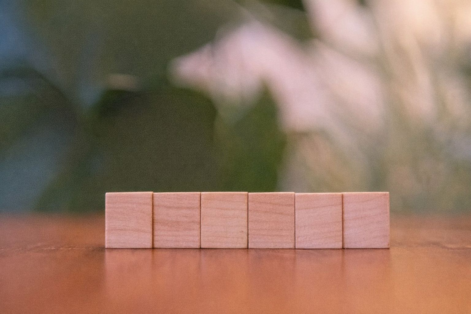 Sex tomma träklossar på rad på en träyta med grön bakgrund.