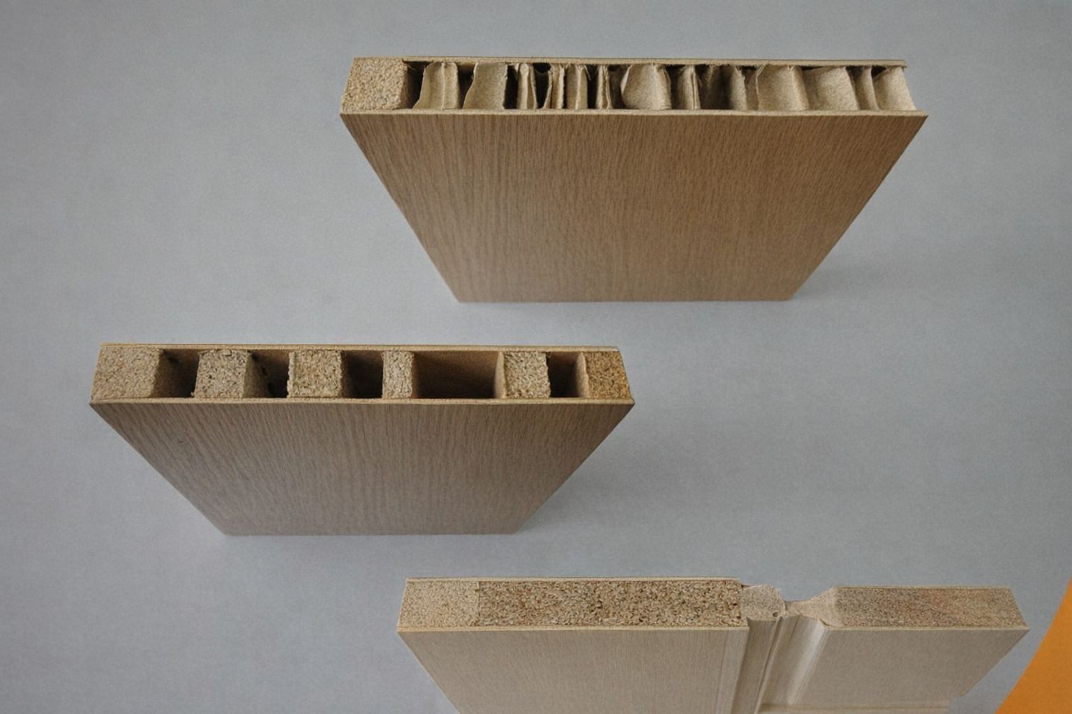 Tvärsnitt av olika typer av innerdörrar med bikakefyllning och massiv kärna.